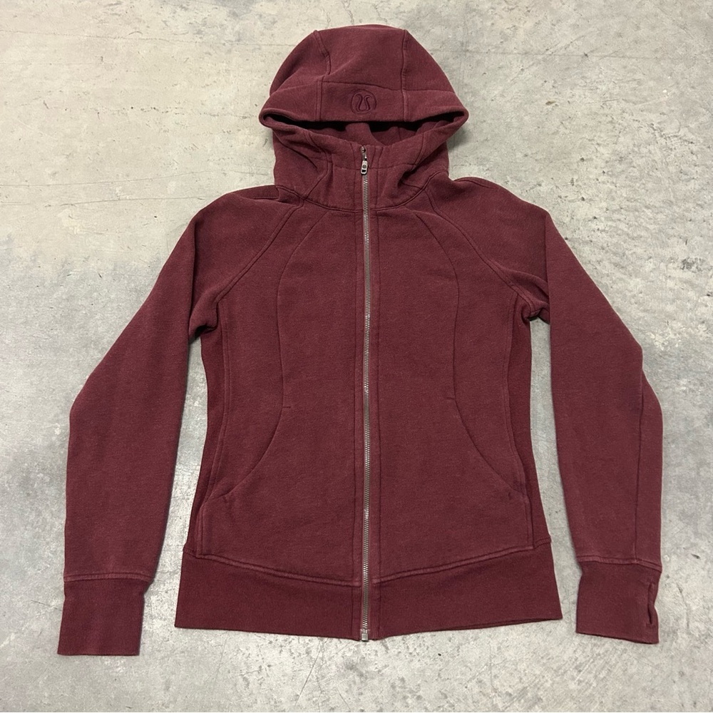 Lululemon Scuba Hoodie Womens Red Full Zip Fleece Thumbholes Logo Jacket Size 8